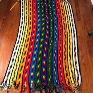 Vintage Large Crochet Blanket Afghan Throw Multi Color Rainbow Stripe 45" X 76"